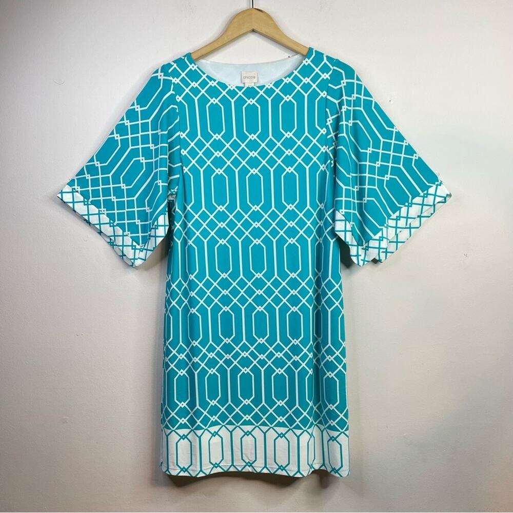 Chicos Teal Turquoise Geometric Knit Classic Wide Sleeve Dress 1P M 8 P Petite